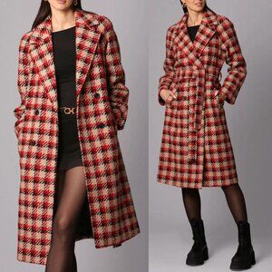 Avec Les Filles Plaid Double Breasted Belted Longline Coat Red Tan Black S $249